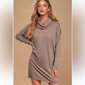 Lulu's Taupe Ribbed Cowl Neck Sweater Dress
